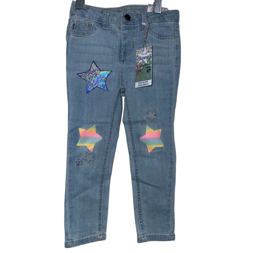 Vigoss Girls Skinny Jeans 4T Super Soft Stretch Denim With Star Patches & Rainbo